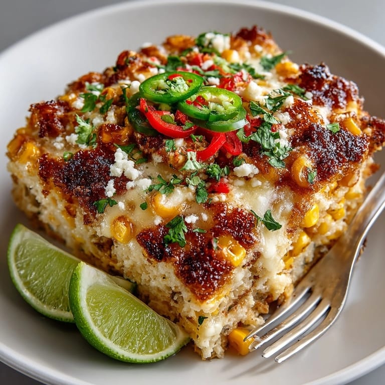 Homemade Mexican Street Corn Casserole, a comforting side dish featuring sweet corn and spices.