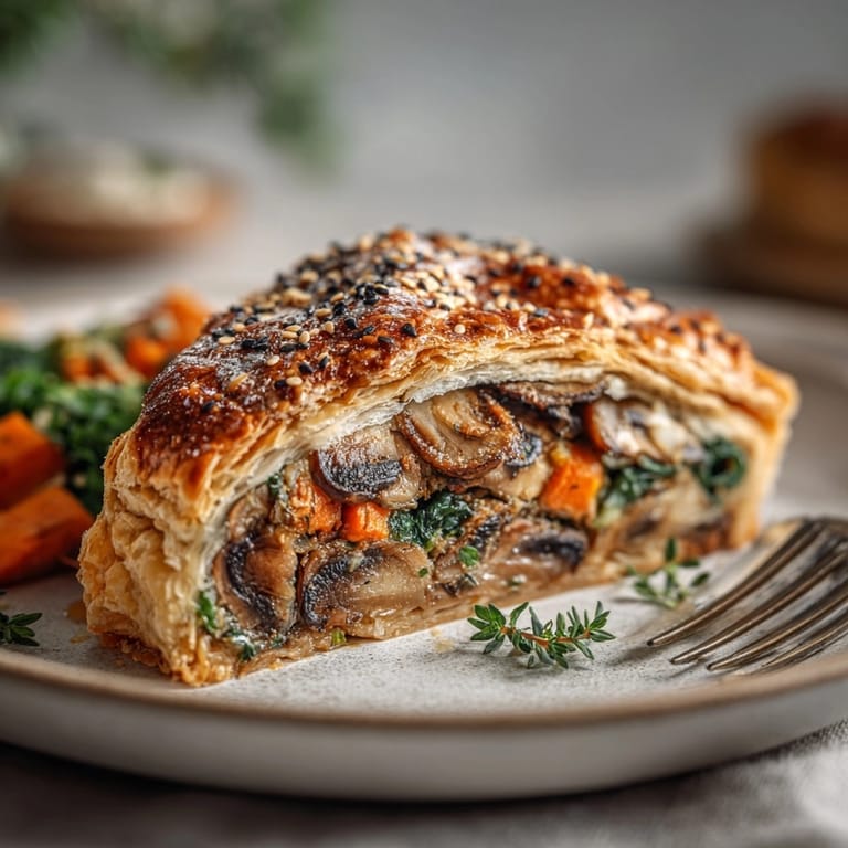Close-up shows crisp puff pastry of a Vegan Mushroom & Chestnut Wellington slice.
