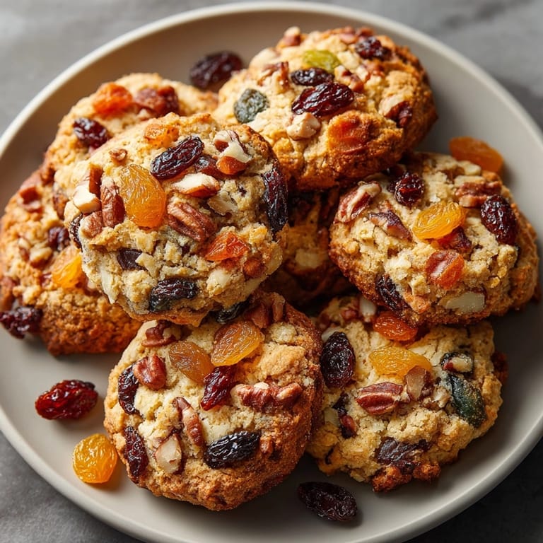 Close-up of warm, fragrant Spiced Holiday Fruitcake Cookies, promising chewy textures and festive spices.