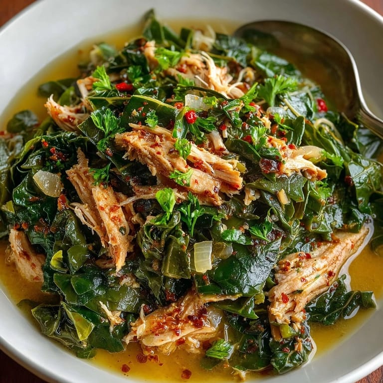 Hearty Slow Cooker Collard Greens: Smoky turkey pieces nestled among dark, simmered greens.