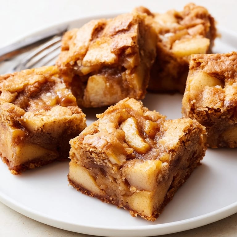 Close-up of Brown Butter Apple Blondies, showcasing a moist, dense texture and browned edges.