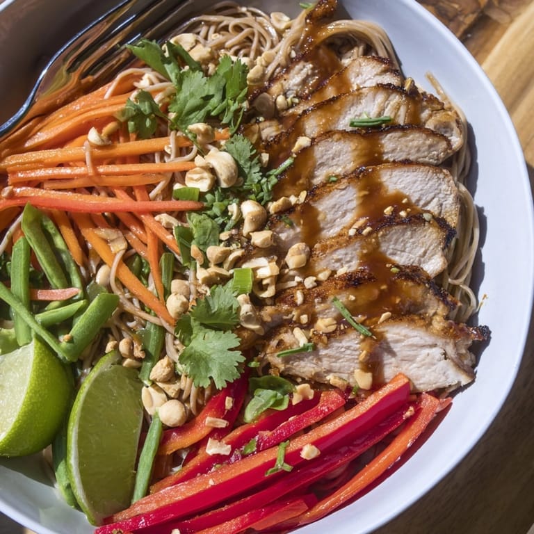 Savory, spicy Thai Chili Chicken Noodle Bowl, quick weeknight dinner, colorful and aromatic.