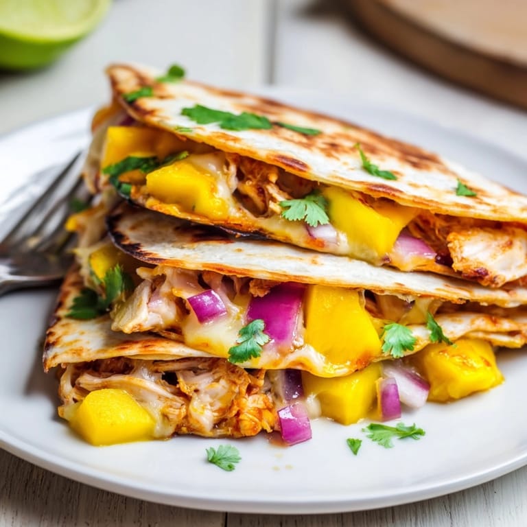 Spicy, sweet, and cheesy: cutting open warm Mango Chipotle Chicken Quesadillas with salsa.