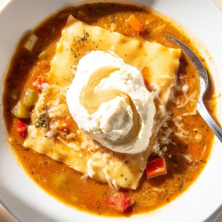 Hearty lasagne soup featuring flavorful pumpkin ricotta, perfect for autumn evenings.  