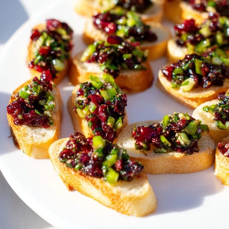 Vibrant cranberry jalapeño tapenade on crispy toasted baguette for festive gatherings.  