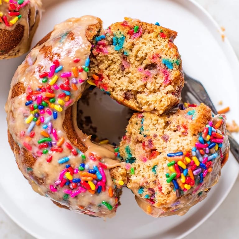 Brightly colored Funfetti Java Muffin Donuts, perfect for a cheerful breakfast treat.  