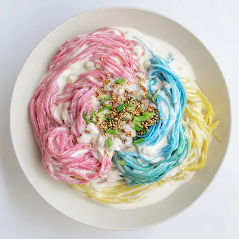 Delight in this neon noodle cloud dish, bursting with playful colors and flavors.  