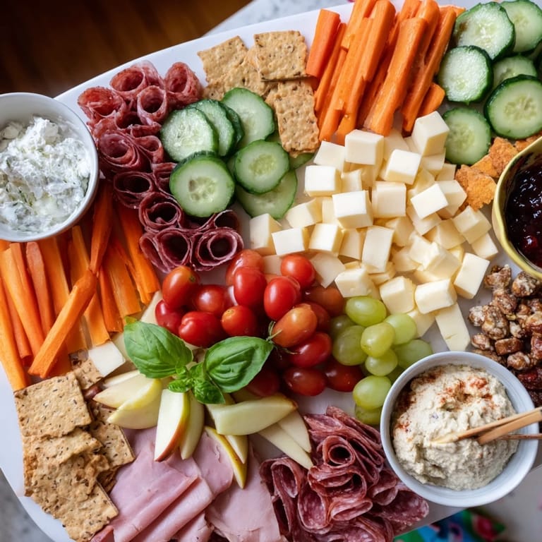 Stylish Girl Dinner Platter filled with fresh veggies, fruits, and hearty dips.