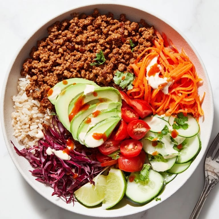 Hearty Plant-Based Meat Bowl brimming with nutritious ingredients and a spicy mayo drizzle.