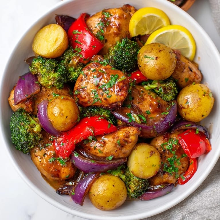 Hearty Lazy Gourmet Chicken & Vegetable One-Pot, featuring tender chicken and baby potatoes.