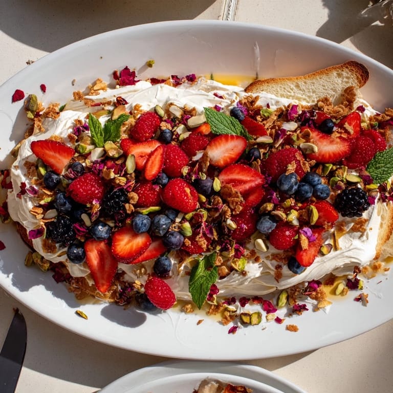 Delightful butter board dessert with vibrant berries, creamy cheese, and sweet toppings.  