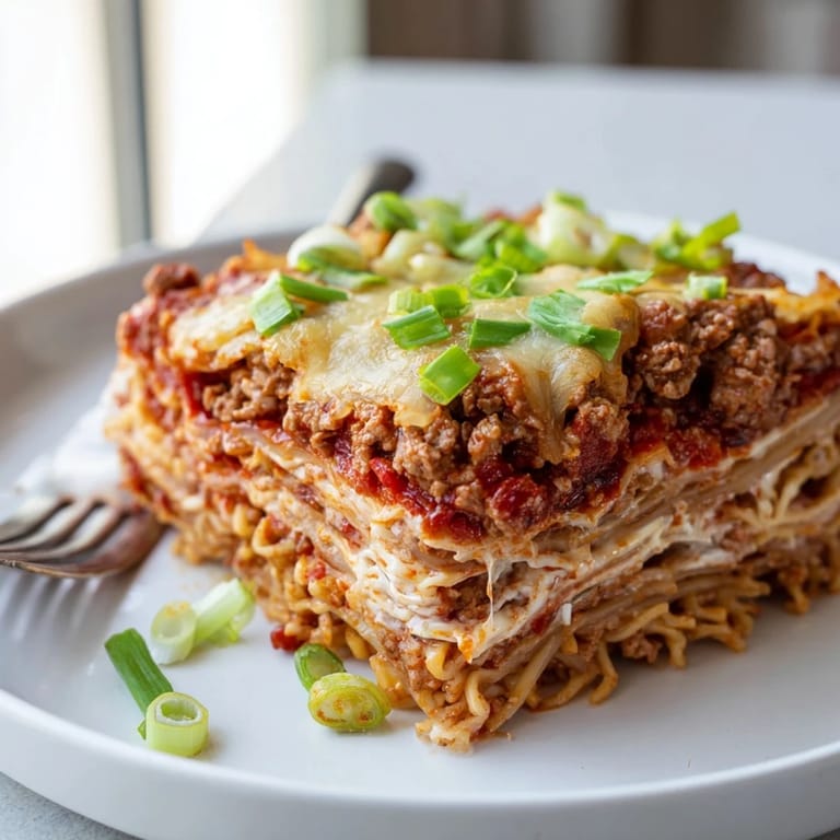 Comforting Spicy Ramen Lasagna garnished with green onions, perfect for sharing at dinner.