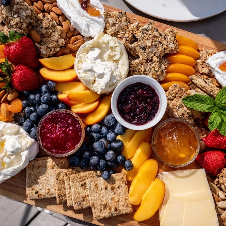 Delightful jam-infused brunch board with artisan breads and vibrant seasonal berries  