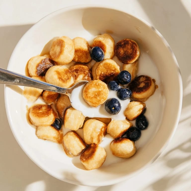 Deliciously fluffy mini pancake cereal perfect for a playful breakfast treat.  