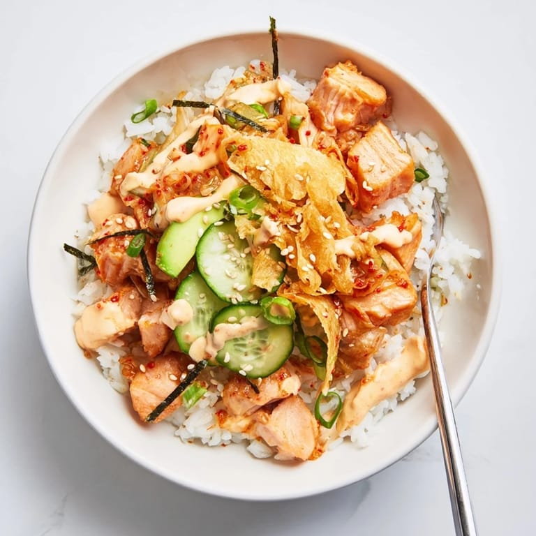 Colorful crispy salmon rice bowl served with sliced cucumber and garlic garnish.  