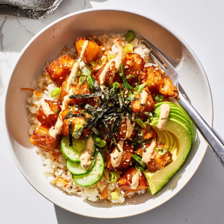 Delicious crispy salmon rice bowl featuring fluffy rice and spicy mayo drizzle.
