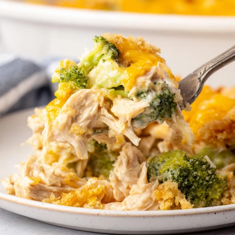 Delicious Chicken & Broccoli Cheddar Bake surrounded by melted cheese and vibrant green broccoli florets.  