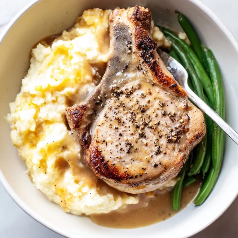 Creamy cheddar mashed potatoes topped with seared pork chops and rich gravy delight.  