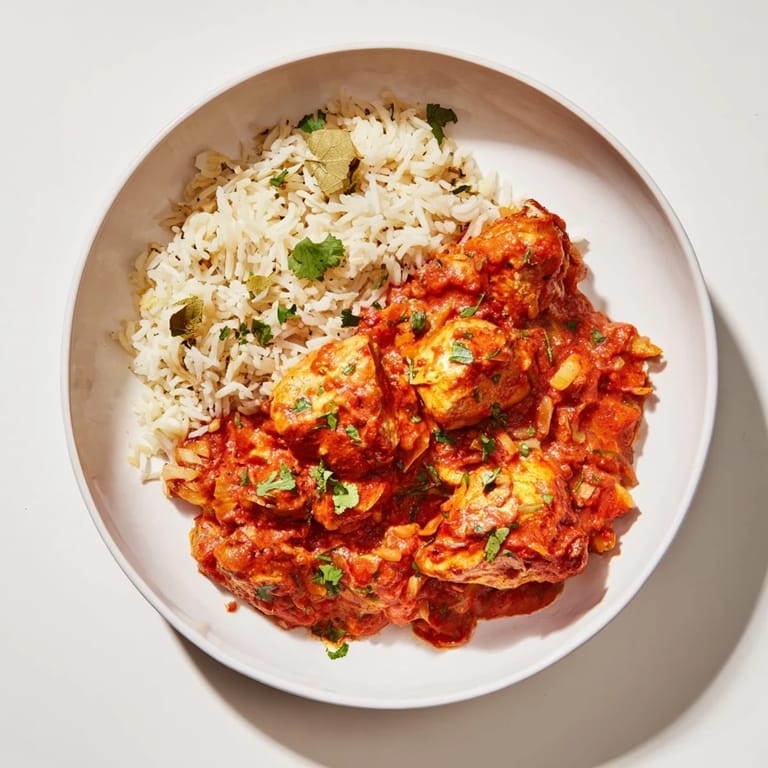 A close-up of butter chicken's vibrant sauce and the fluffy basmati rice pilaf it's served with.