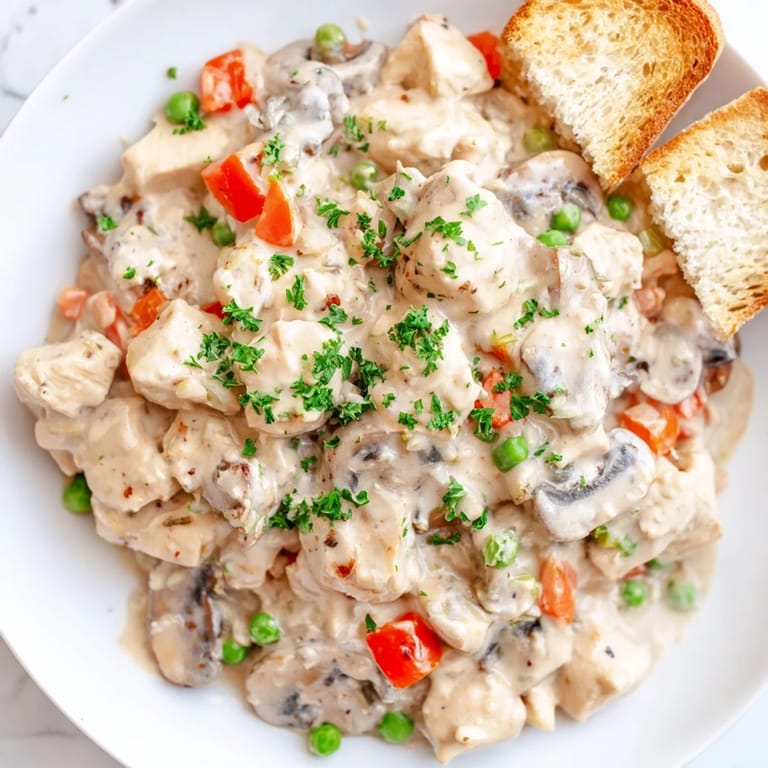 Golden chicken à la king spooned over perfectly toasted bread, a delicious and easy weeknight meal.