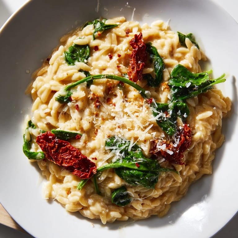 Tender orzo pasta in a luscious Creamy Tuscan Orzo Bowl, topped with fresh Parmesan and herbs.