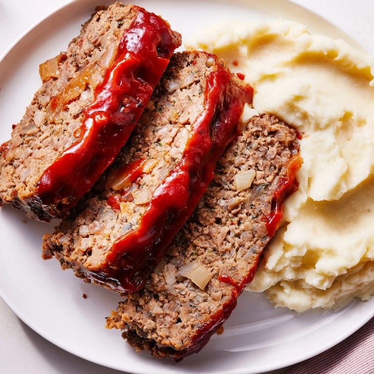 Juicy Classic Meatloaf & Mashed Potatoes, glistening with a sweet ketchup glaze.