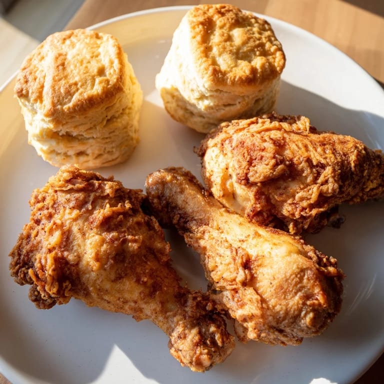 Golden brown fried chicken paired with warm buttermilk biscuits, a Southern comfort dish.  