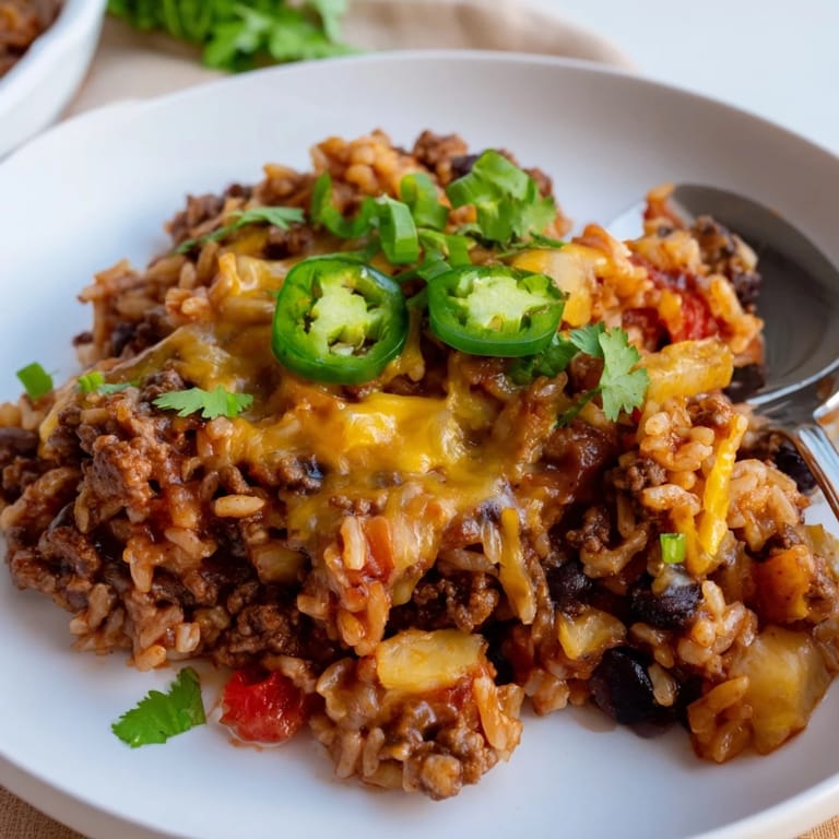 A colorful Tex-Mex Beef & Rice Casserole bubbling with cheesy goodness and spices.  