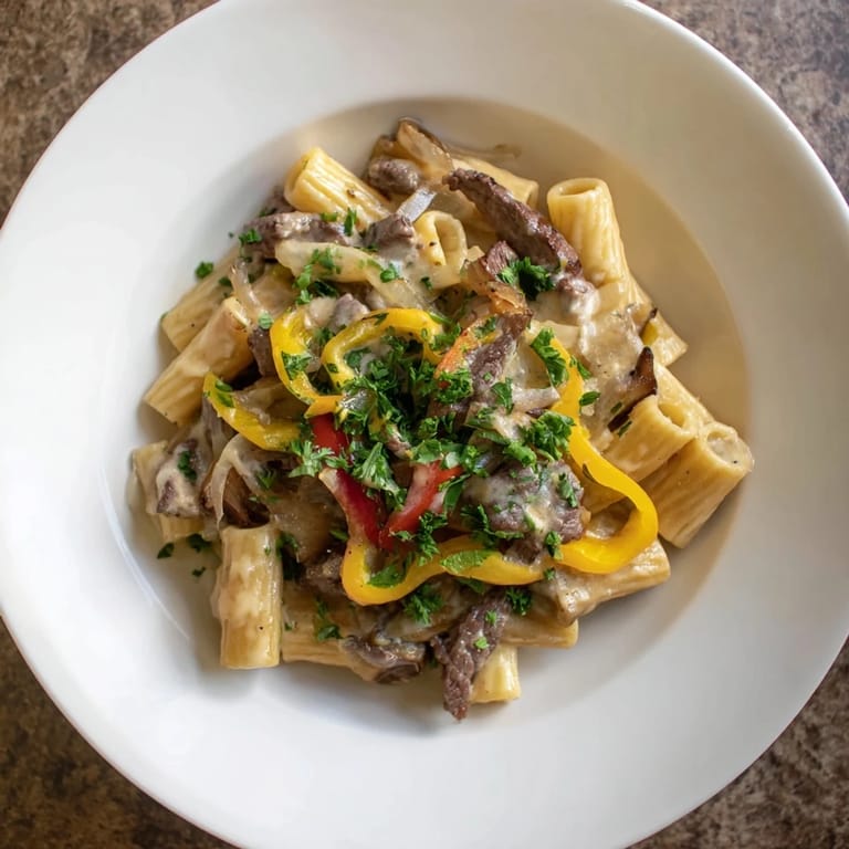 Creamy Philly Cheese Steak Pasta, garnished with parsley, a hearty, delicious American meal.