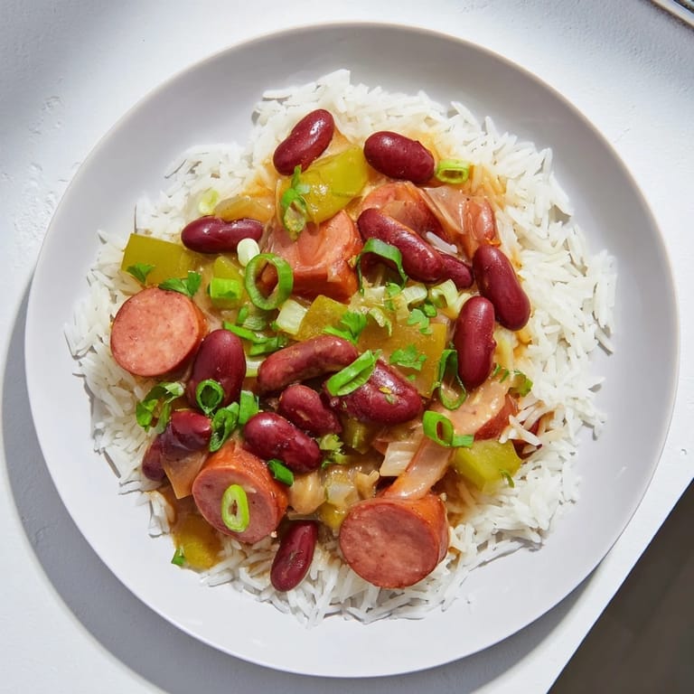 Fluffy white rice topped with rich Red Beans & Rice, a comforting Southern classic meal.