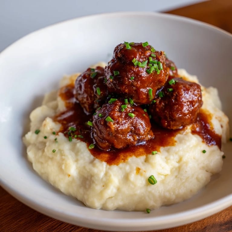 Golden-glazed BBQ Meatballs drizzled with sauce, served alongside fluffy mashed potatoes, a delicious family dinner.