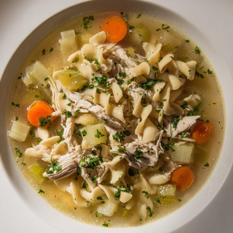 Close-up of a warm bowl of homemade chicken noodle soup, perfect for a cozy, comforting meal.