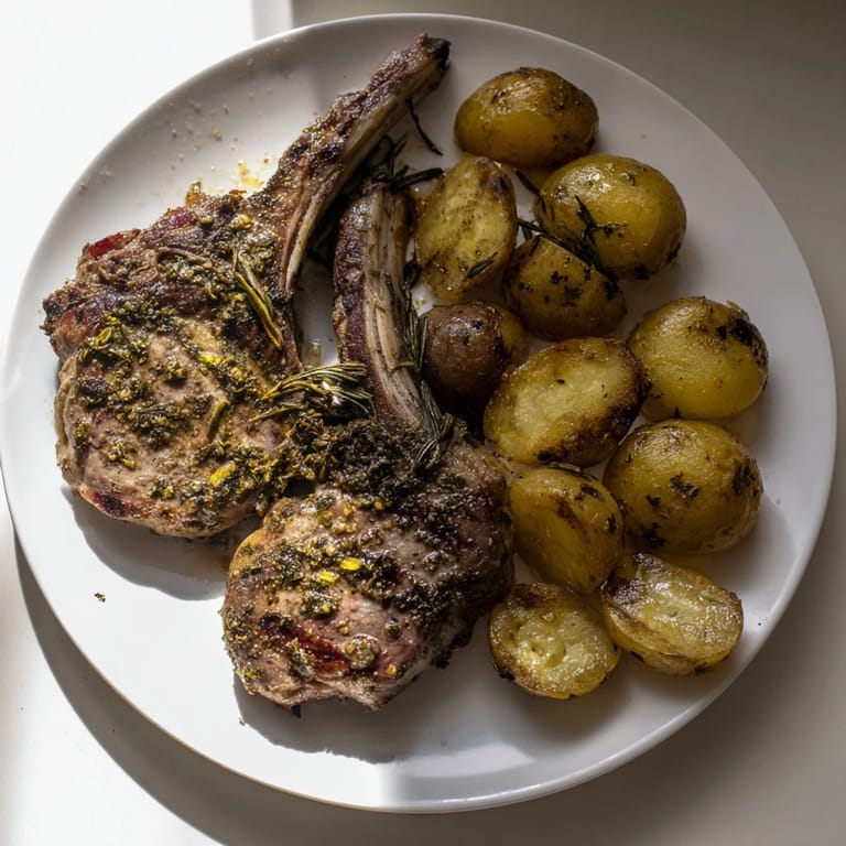 A plate of Herbed Lamb Chops and roasted potatoes, garnished with fresh parsley, looks appetizing.