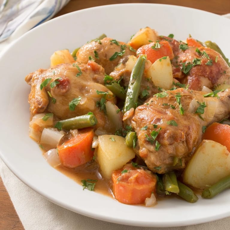 Flavorful Slow-Cooker Chicken & Vegetable Stew, featuring perfectly cooked chicken and hearty vegetables.