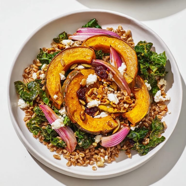 Hearty Farro & Mustard Green Salad with tender squash and tangy vinaigrette, perfect for a flavorful lunch.