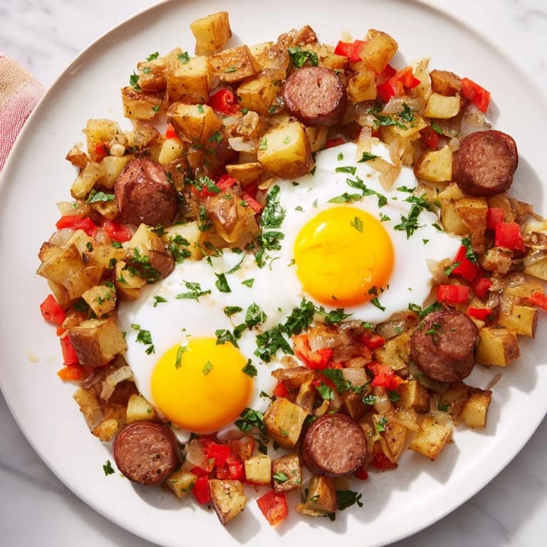 Close-up of a sizzling skillet of Egg & Potato Hash, studded with hot dogs and perfectly cooked eggs.