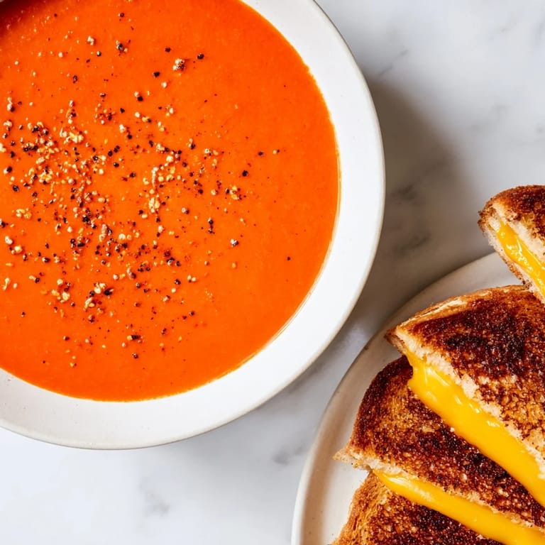 Golden, melty grilled cheese alongside a rich 5-Ingredient Tomato Soup, ideal for dunking and savoring every bite.