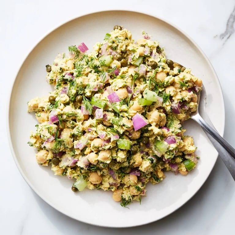 Freshly made chickpea tuna salad with visible diced pickles and red onion, ready to serve.