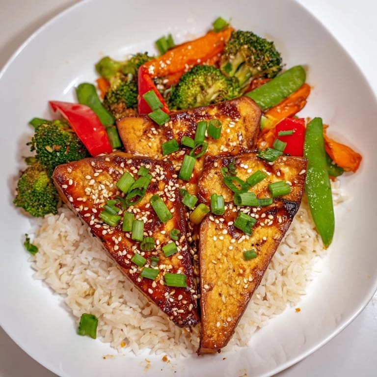 Enjoy a complete meal: warm rice under flavorful Pressed Tofu Steaks and a quick veggie medley.