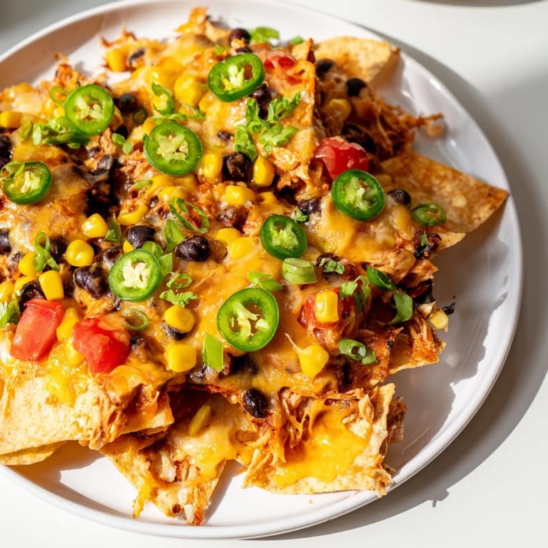 Cheesy sheet-pan nachos brimming with mixed vegetables, perfect for a quick, family-friendly meal served immediately.