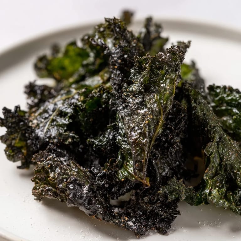 A close-up view of freshly baked kale chips, showing their delightful, crunchy texture and vibrant green color.