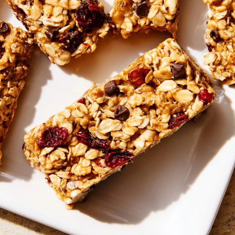These easy-to-make homemade granola bars show a delicious close-up, studded with seeds and chocolate chips.