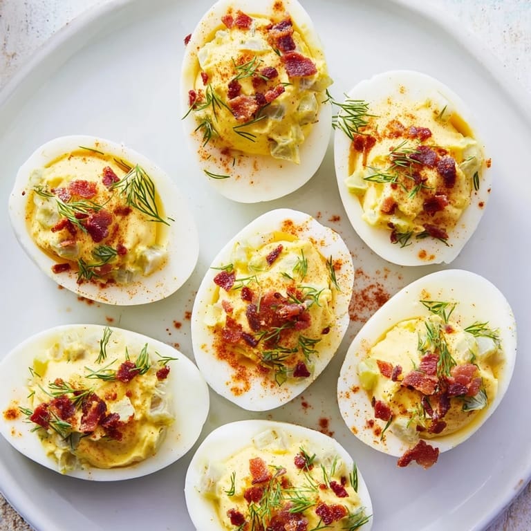 Beautiful shot of loaded deviled eggs, with paprika on top, ready to serve and enjoy.