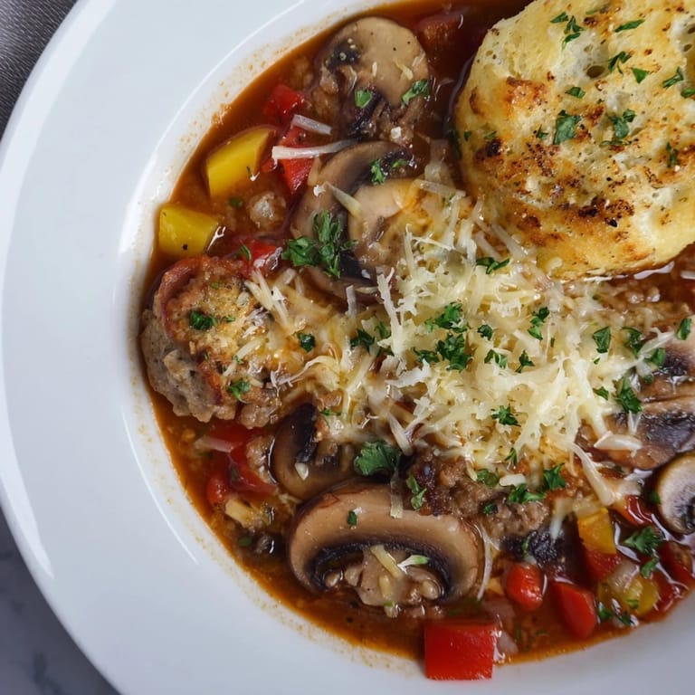 A warm bowl of Pizza Pot Pie Soup: imagine the rich tomato broth with savory pizza toppings.