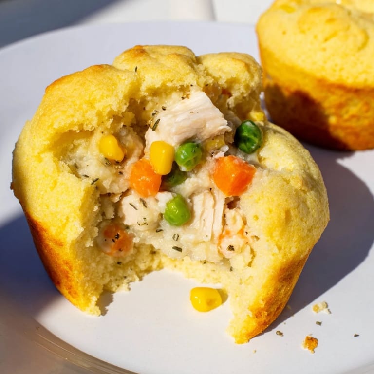 Freshly baked Mini Chicken Pot Pie Cornbread Muffins, showing off their fluffy cornbread crust.