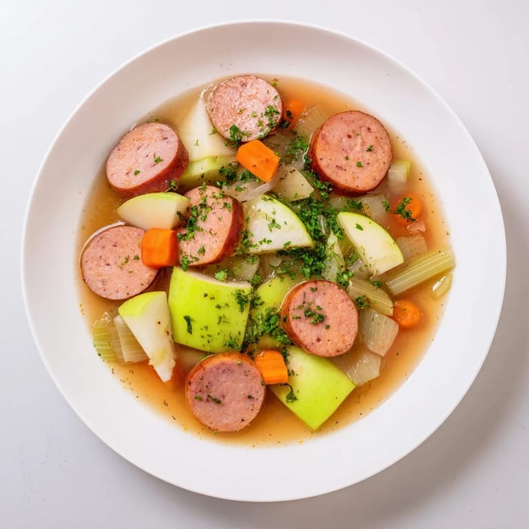 A comforting close-up view of the savory Stovetop Sausage, Celery, and Apple Hotpot, ready to be served.