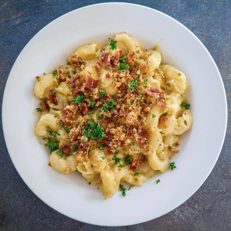A close-up of a bubbling sheet pan mac and cheese, featuring a golden crust and savory bacon.