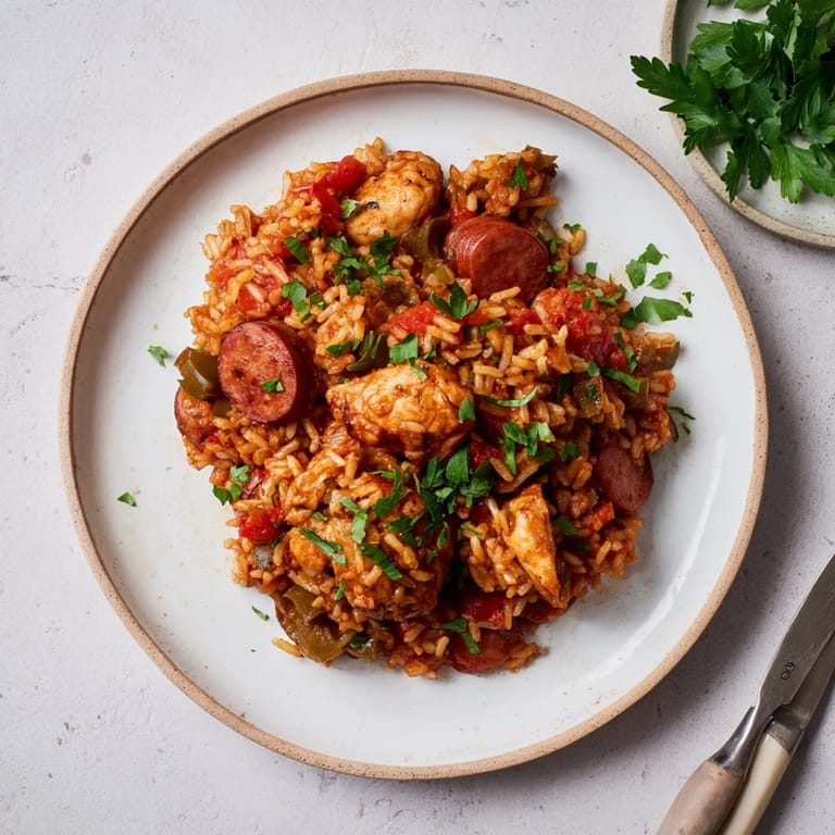 A close-up of golden, baked Simple Chicken and Sausage Jambalaya, perfect for a flavorful weeknight meal.