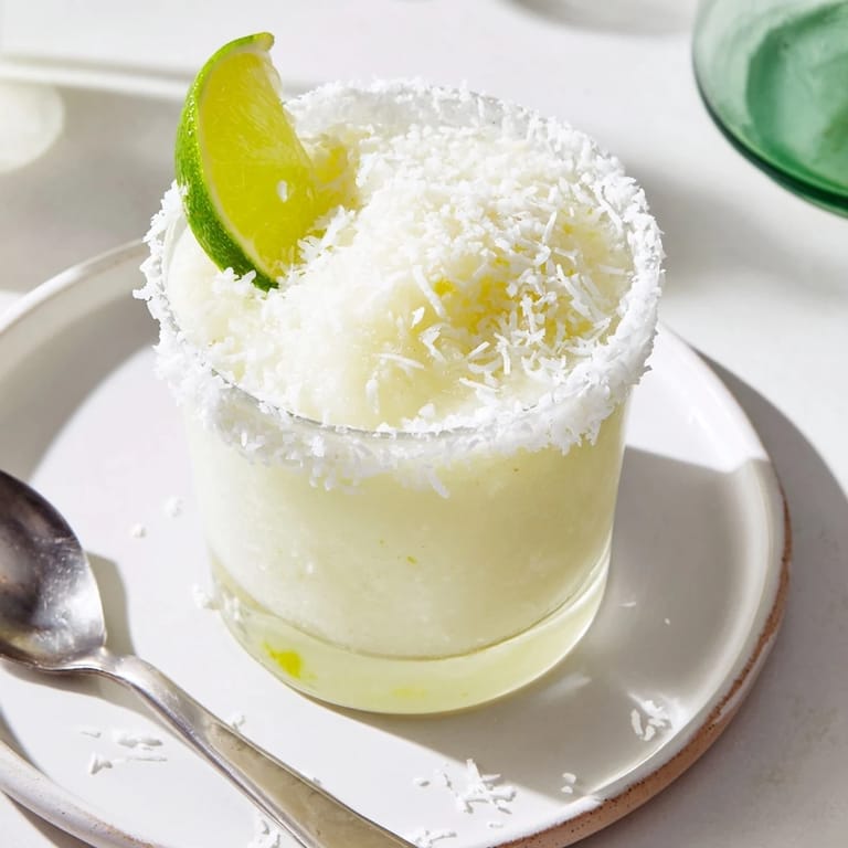 A vibrant photo showcases a White Christmas Margarita Slush, garnished with lime and shredded coconut.
