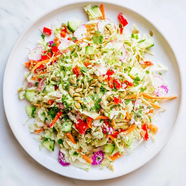 A close-up of fresh, bright Green Goddess Confetti Chop Slaw, showcasing crunchy veggies and a herby dressing.